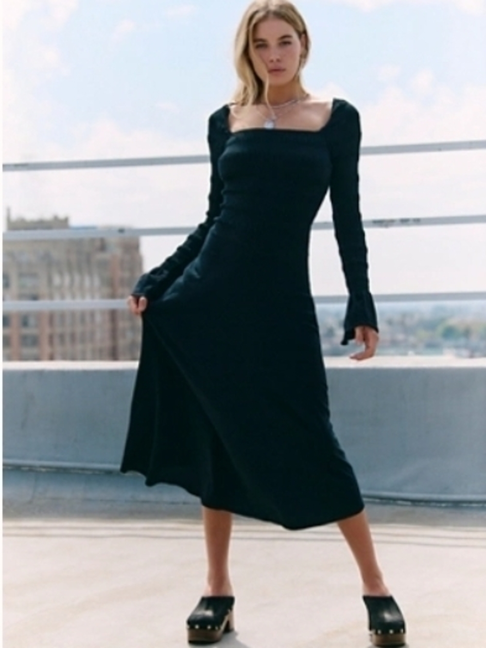 NEW!! Free People Long Sleeve Square Neck Black Maxi Dress, NWT
